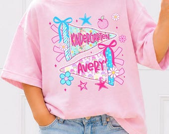 Custom Name Girls Back to School Shirt, Coquette School Top, Cute Pre K Kindergarten Shirt, First Day Of School Pennant Tee, Kids Name Shirt