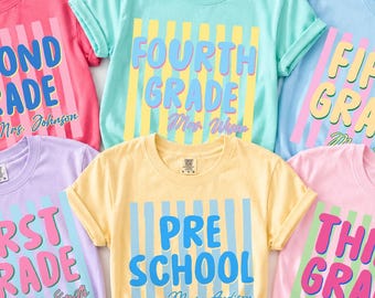 Custom Grade & Name Teacher Shirt, Retro Stripe Teacher Tee, Teacher Team Shirt, First Second Third Fourth Fifth Grade Shirt