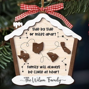Personalized Long Distance Relationship Gift, Custom State Location Ornament Family Christmas Gift, Wooden Family Ornament, Family Keepsake
