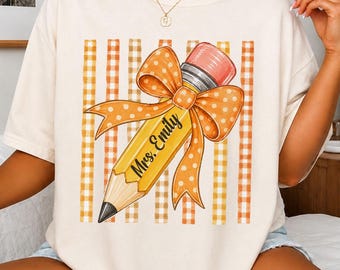 Custom Name Teacher Fall Shirt: Coquette Teacher Sweatshirt, Thanksgiving Teacher Tee, Kindergarten Preschool First Grade Matching Tee
