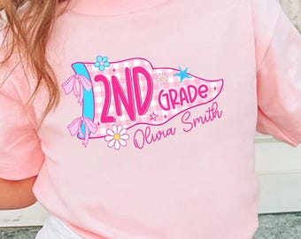 Custom First Day Of School Pennant Shirt, Boys Girls Back to School Tee, Coquette School Top, Cute Pre K Kindergarten Shirt, Kids Name Shirt