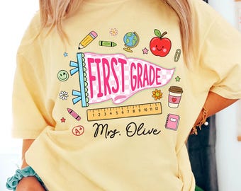 Custom Name & Grade Teacher Shirt, Pennant Flag Teacher Tee, School Team Shirt, First Second Third Fourth Fifth Grade Shirt