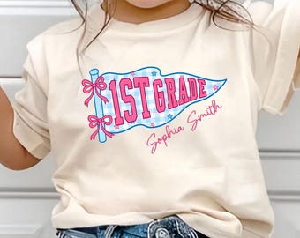 Custom Girls Pennant First Day Of School Shirt, Coquette School Top, Cute PreK Kindergarten Shirt, Kids Name Shirt, Back To School Gift