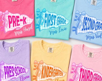 Custom Grade & Name Teacher Shirt, Pennant Flag Teacher Team Shirt, Kindergarten First Second Third Fourth Fifth Grade Shirt