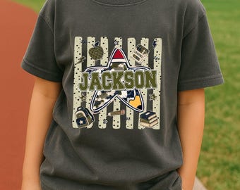 Retro Back to School Boys Shirt, Kindergarten First Grade Boy Toddler, Custom Name Boys School Tee, Camo First Day Of School Youth Shirt