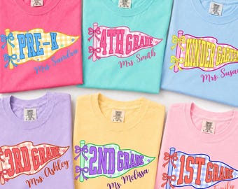 Custom Grade & Name Teacher Shirt, Pennant Flag Teacher Tee, Teacher Team Matching Shirt, First Second Third Grade Shirt