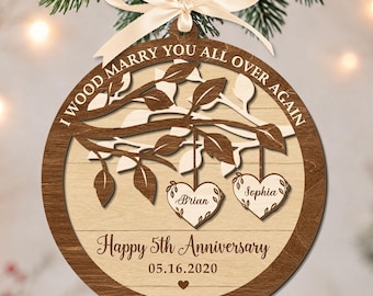 Personalized 5th Anniversary Wooden Ornament, Wood Anniversary Gift For Couples, 3D Wooden Ornament, Wedding Gift For Him or Her
