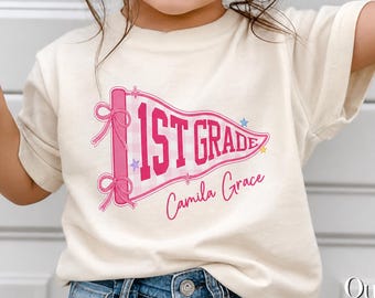 Custom Boys Girls Back to School Shirt, Coquette School Top, Cute Pre K Kindergarten Shirt, First Day Of School Pennant Tee, Kids Name Shirt