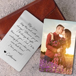 Billetera de metal con foto grabada personalizada, regalo de San Valentín para novio o esposo, regalo de aniversario para él, tarjeta de inserción de billetera con foto y texto