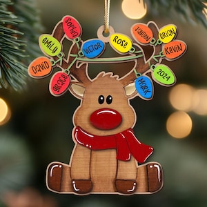 May include: A personalized Christmas ornament featuring a cute, cartoon reindeer sitting down. The reindeer is light brown with a red nose and a red scarf.  Above the reindeer are colorful lightbulbs with names written on them: Sophia, Emily, David, Grace, Victor, Jaden, Rose, Brian, Kevin, Mark, and 2024. The ornament is made of wood and is perfect for family Christmas tree decorations.
