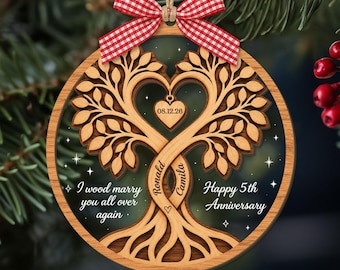 Personalized 5th Anniversary Wooden Ornament, Wood Anniversary Gift For Couples, 3D Wood Acrylic Ornament, Gift For Him Her, Wedding Gift