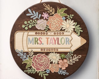 Personalized 3D Teacher Door Hanger, Teacher Door Sign, Custom Teacher Name Sign, Back to School Gift, Classroom Decor, Floral Wooden Sign