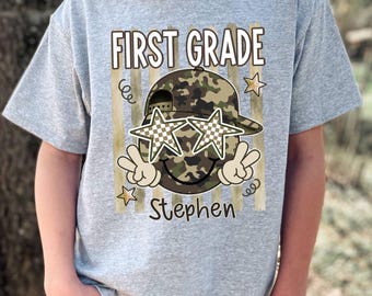 Personalized Back to School Shirt for Boys, Custom Name Camo Pencil Kids Tee, Kindergarten First Day Shirt, School Toddler Gift