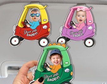 Custom Kids Photo Car Visor Clip: Personalized Fathers Day Gift for Dad, Drive Safe Daddy, Custom Baby Face Keepsake, Husband Gift From Wife