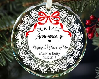 Personalized 13th Anniversary Gift, Custom Wedding Glass Ornament, 13 Years Married Lace Christmas Keepsake, Holiday Decor