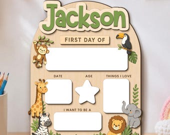 Custom Boy First Day of School Sign, Personalized Reusable Sign for Preschool Kindergarten Kids, Woodland Animal School Sign