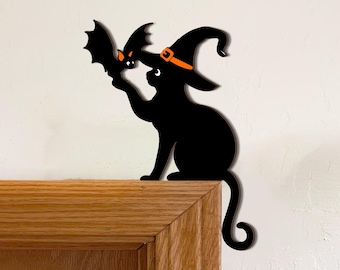 Black Cat Door Topper, Black Cat Door Corner Sign, Halloween Bat Door Topper, Black Cat Halloween Decor, Cat Lover Gift,Halloween Home Decor
