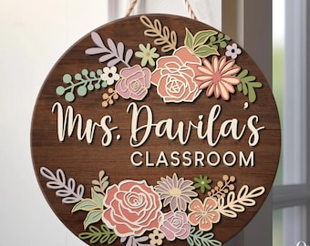 Teacher Door Sign, Teacher 3D Door Hanger, Teacher Appreciation Gifts, Custom Teacher Name Sign, Welcome Classroom Sign, Floral Wooden Sign