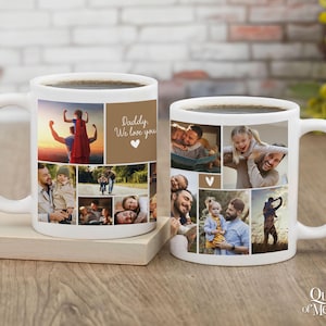 Puede incluir: Dos tazas de cer&aacute;mica blanca con collages de fotos familiares. Una taza tiene el texto "Daddy, We love you" y un coraz&oacute;n. Las tazas est&aacute;n llenas de caf&eacute; y colocadas sobre una superficie de madera. Una idea de regalo.