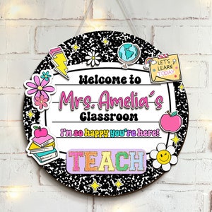Personalized Teacher 3D Door Sign, Teacher Gifts, Composition Notebook Door Sign, Groovy Classroom Door Hanger, Back To School Sign Gift