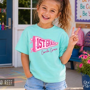 Custom Boys Girls Back to School Shirt, Coquette School Top, Cute Pre K Kindergarten Shirt, First Day Of School Pennant Tee, Kids Name Shirt image 9