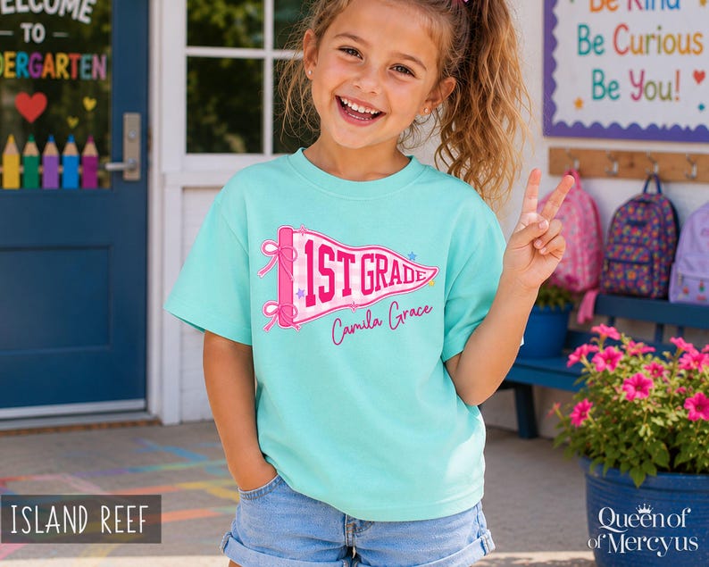 Custom Boys Girls Back to School Shirt, Coquette School Top, Cute Pre K Kindergarten Shirt, First Day Of School Pennant Tee, Kids Name Shirt image 9