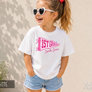 Custom Boys Girls Back to School Shirt, Coquette School Top, Cute Pre K Kindergarten Shirt, First Day Of School Pennant Tee, Kids Name Shirt image 7