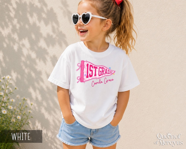 Custom Boys Girls Back to School Shirt, Coquette School Top, Cute Pre K Kindergarten Shirt, First Day Of School Pennant Tee, Kids Name Shirt image 7