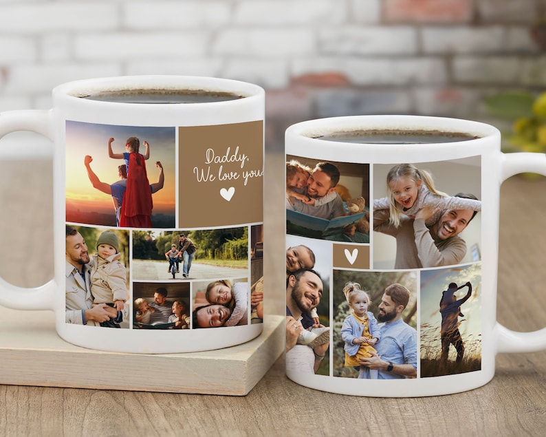 Puede incluir: Dos tazas de cer&aacute;mica blanca con un collage de fotos familiares. Una taza tiene el texto "Daddy, We love you!" y un coraz&oacute;n. Las tazas est&aacute;n llenas de un l&iacute;quido oscuro, probablemente caf&eacute; o t&eacute;.