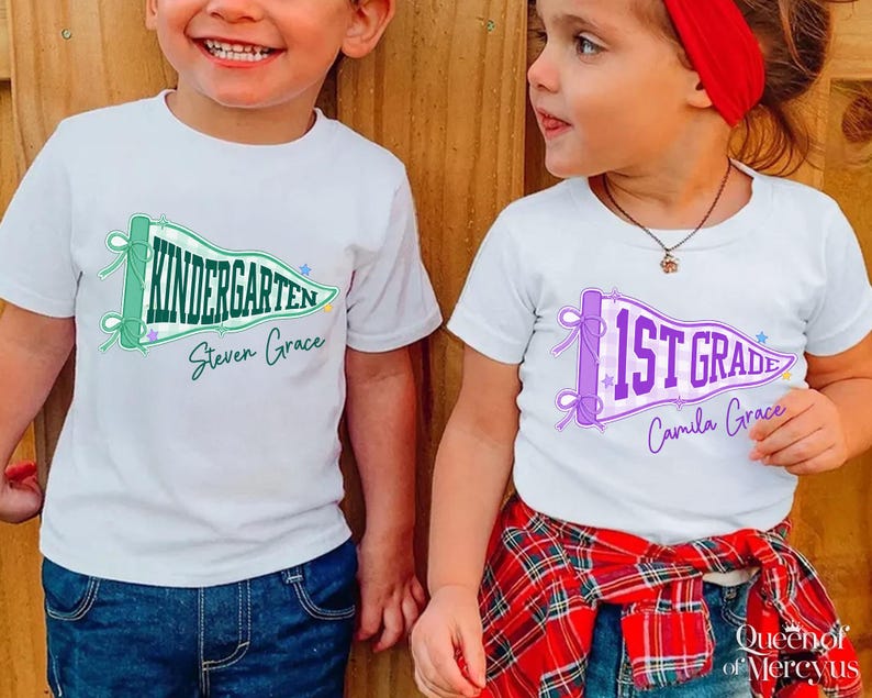 Custom Boys Girls Back to School Shirt, Coquette School Top, Cute Pre K Kindergarten Shirt, First Day Of School Pennant Tee, Kids Name Shirt image 6