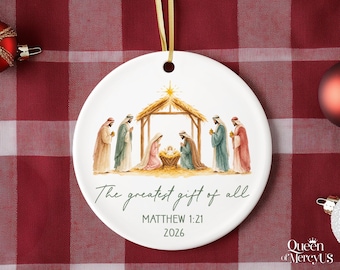 Nativity Christmas Ceramic Ornament, The Greatest Gift of All, Matthew 1:21, Christian Holiday Keepsake, Christmas Gift 2026