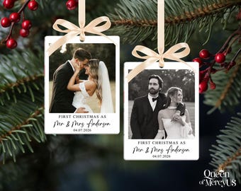 Personalized Our First Christmas Married Ornament, Custom Wedding Photo Keepsake, Mr and Mrs Acrylic Ornament, Wedding Gift for Newlyweds