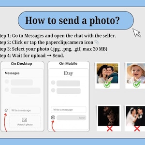 Puede incluir: Infograf&iacute;a azul claro titulada "&iquest;C&oacute;mo enviar una foto?" con instrucciones para enviar fotos en Etsy a trav&eacute;s de escritorio y m&oacute;vil. Incluye capturas de pantalla de la interfaz de mensajer&iacute;a de Etsy y ejemplos de fotos aceptadas y rechazadas.