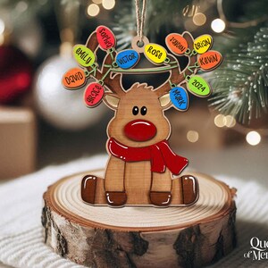 以下が含まれることがあります： 赤い鼻とスカーフが付いたトナカイの形をした木製のクリスマスオーナメント。トナカイには名前が書かれたカラフルなライトのストリングがあります。オーナメントは木の輪切りに置かれています。2024年もライトに表示されています。