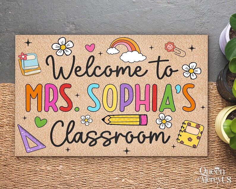 Felpudo de bienvenida personalizado para profesores, felpudo personalizado para aula, decoración para aula, regalo de agradecimiento para profesores, alfombra para profesores, felpudo de bienvenida imagen 9