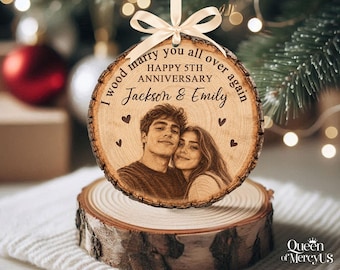 Personalized 5th Anniversary Wooden Ornament: Wood Anniversary Gift For Couples, Gift For Him Her, Wedding Gift, Christmas Keepsake