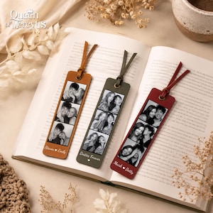May include: Three rectangular leather bookmarks in tan, olive green, and maroon, each featuring a vertical strip of three black and white photographs. Each bookmark has a leather cord loop at the top and personalized names or text at the bottom.