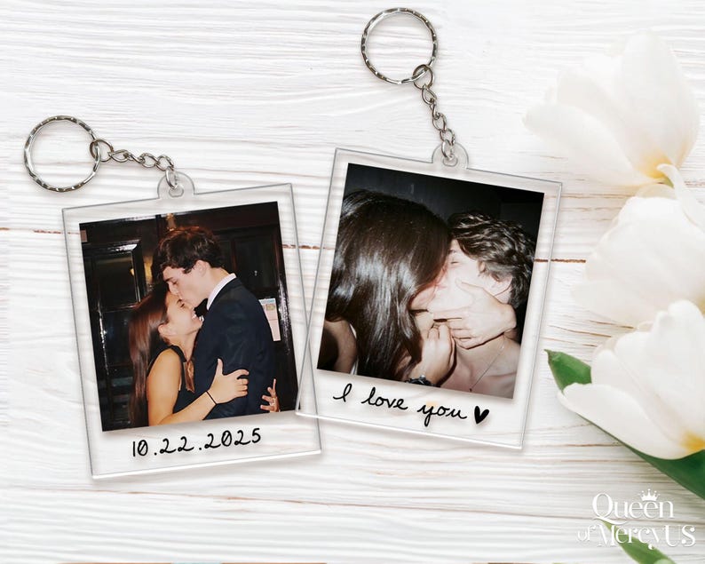 Custom Couple Polaroid Photo Keychain, Valentines Day Gift For Him Her, Personalized Photo Key Ring, Boyfriend Husband Gift image 1