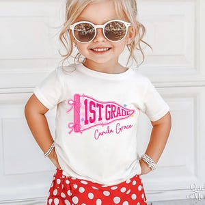 Custom Boys Girls Back to School Shirt, Coquette School Top, Cute Pre K Kindergarten Shirt, First Day Of School Pennant Tee, Kids Name Shirt image 16