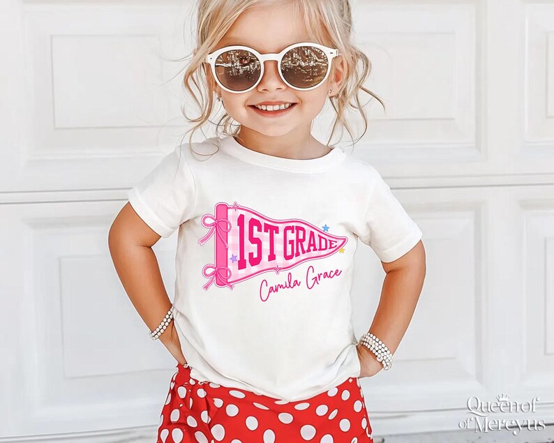 Custom Boys Girls Back to School Shirt, Coquette School Top, Cute Pre K Kindergarten Shirt, First Day Of School Pennant Tee, Kids Name Shirt image 16