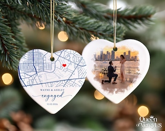 Personalized Engagement Map Location Ornament, Custom Watercolor Proposal Portrait, Couple First Christmas Engaged Keepsake, Holiday Decor