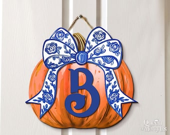 Custom Fall Door Sign, Coquette Bow Pumpkin Welcome Sign, Retro Pumpkin Door Hanger, Autumn Door Hanger, Chinoiserie Pumpkin Wall Decor