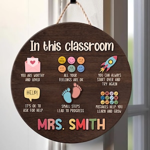 K&ouml;nnte beinhalten: Ein rundes Schild aus braunem Holz mit dem Text "In this classroom" und einer Vielzahl von bunten Illustrationen und Texten. Die Illustrationen beinhalten eine Rakete, ein Herz in einem Umschlag, Fu&szlig;abdr&uuml;cke und eine Vielzahl von Smiley-Gesichtern. Der Text enth&auml;lt S&auml;tze wie "You are worthy and loved", "All your feelings are ok", "You can always start over and try again", "It's ok to ask for help", "Small steps lead to progress", und "Mistakes help you learn and grow". Das Schild enth&auml;lt auch den Text "Mrs. Smith" in gro&szlig;en, bunten Buchstaben.