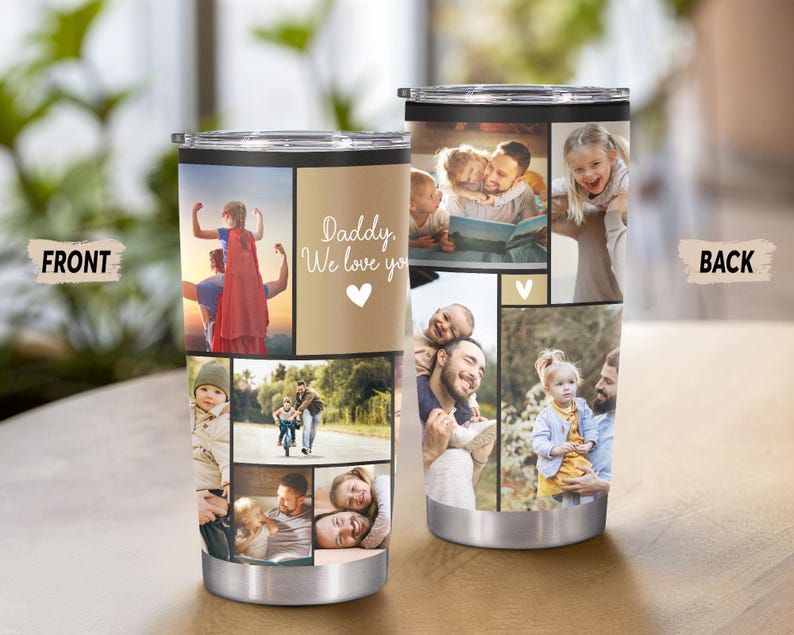 Puede incluir: Vaso de viaje de acero inoxidable con un collage de fotos familiares. La parte delantera presenta el texto "Daddy, We love you" y un coraz&oacute;n. El vaso tiene una tapa negra y una base plateada. Las fotos muestran momentos familiares.