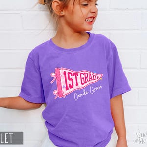 Custom Boys Girls Back to School Shirt, Coquette School Top, Cute Pre K Kindergarten Shirt, First Day Of School Pennant Tee, Kids Name Shirt image 13
