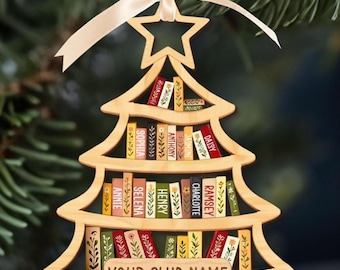 Personalized Book Club Ornament, Christmas Bookshelf Wood Ornament, Book Lover Xmas Gift, Custom Name Bookish Ornament