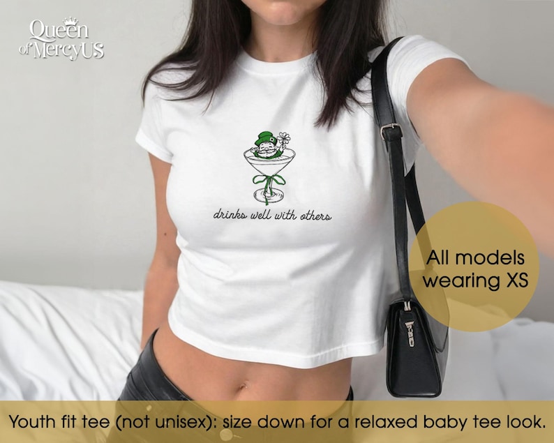 Funny Martini Cocktail Baby Tee, St. Patty's Day Baby Tee Vintage, Shamrock Y2K Shirt, Funny 90s Drinking St Paddy Outfit image 1