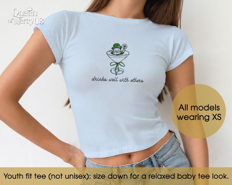 Funny Martini Cocktail Baby Tee, St. Patty's Day Baby Tee Vintage, Shamrock Y2K Shirt, Funny 90s Drinking St Paddy Outfit image 7