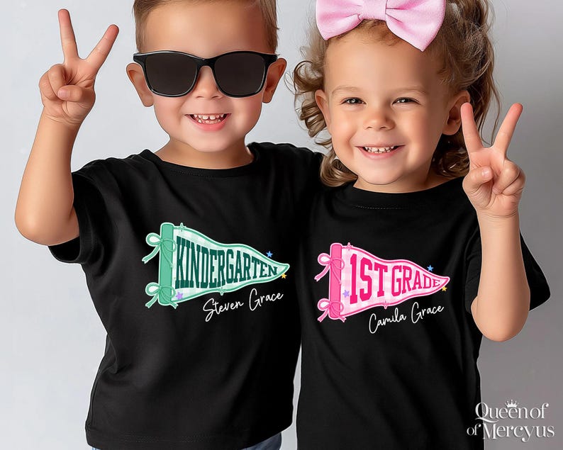Custom Boys Girls Back to School Shirt, Coquette School Top, Cute Pre K Kindergarten Shirt, First Day Of School Pennant Tee, Kids Name Shirt image 5