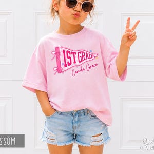 Custom Boys Girls Back to School Shirt, Coquette School Top, Cute Pre K Kindergarten Shirt, First Day Of School Pennant Tee, Kids Name Shirt image 3